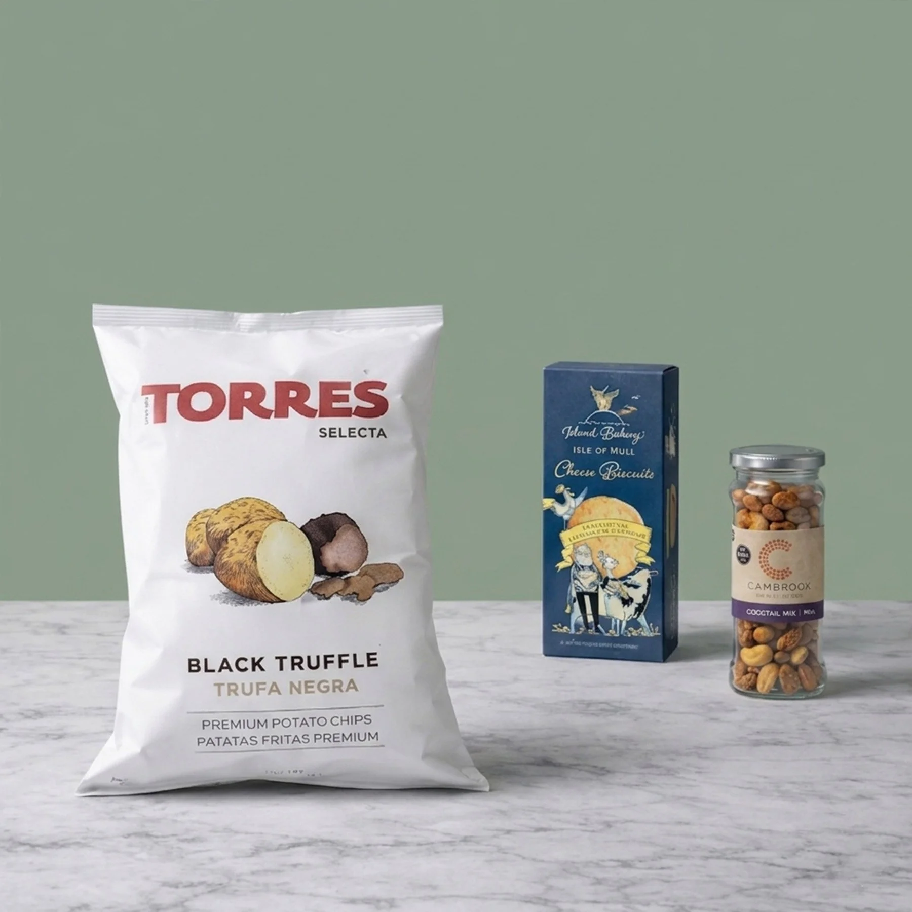 Savoury hamper snacks including luxury crisps, crackers and nuts 