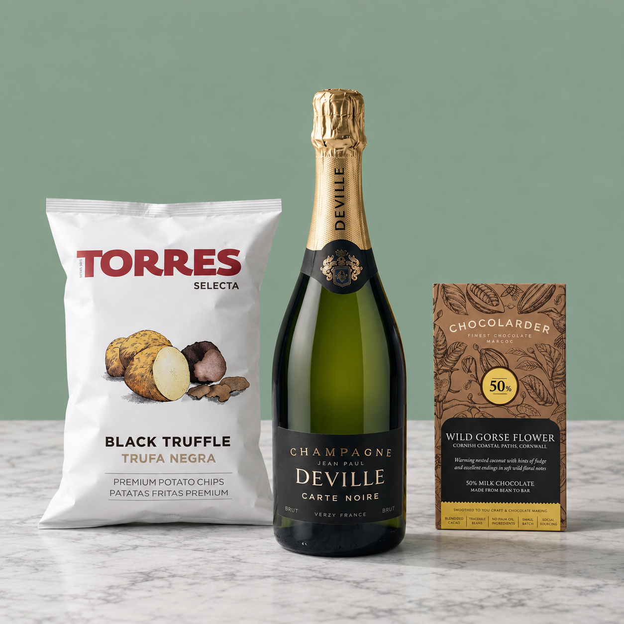 Selection of drinks for corporate hampers including champagne, cocktails, alcohol-free drinks and tea
