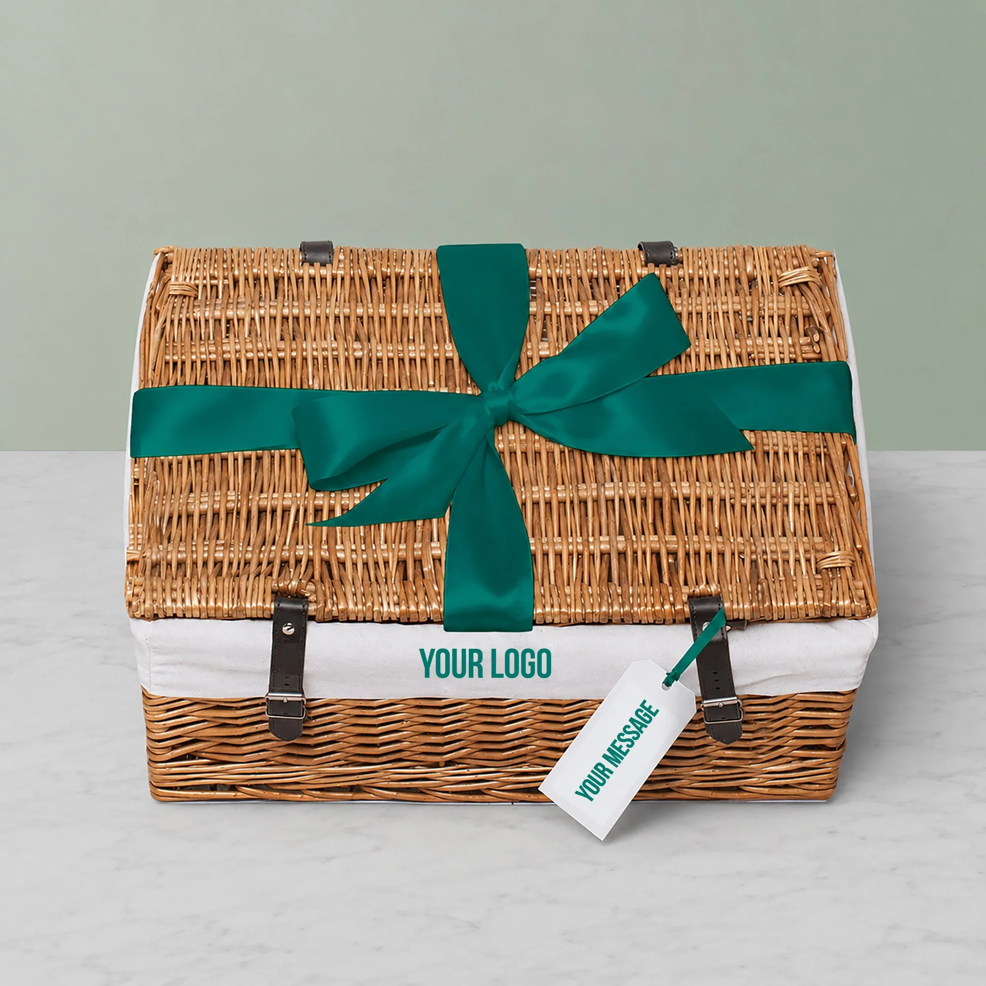 Branded wicker hamper basket with ribbon and personalised gift tag