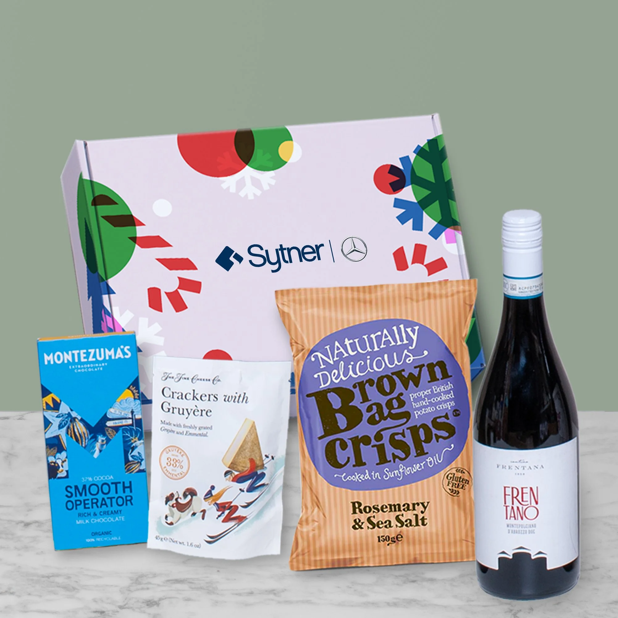 Branded Employee Hamper for Sytner Mercedes-Benz with Wine, Sweet & Savoury Snacks.