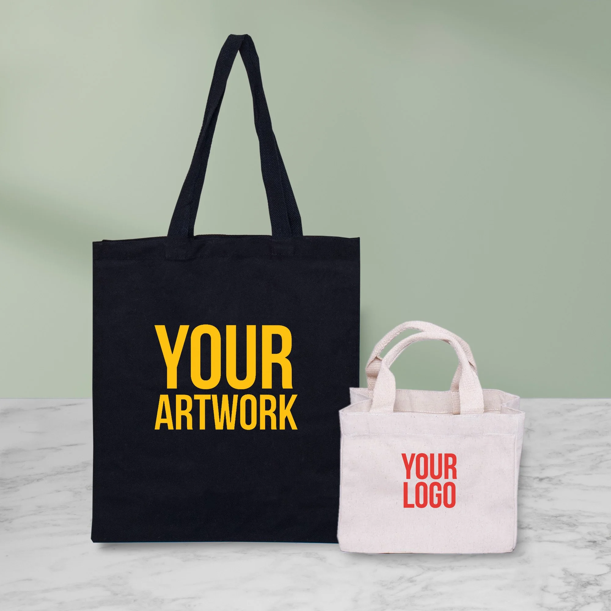 Branded gift bags in two sizes with custom logo printing for corporate hamper and event gifting