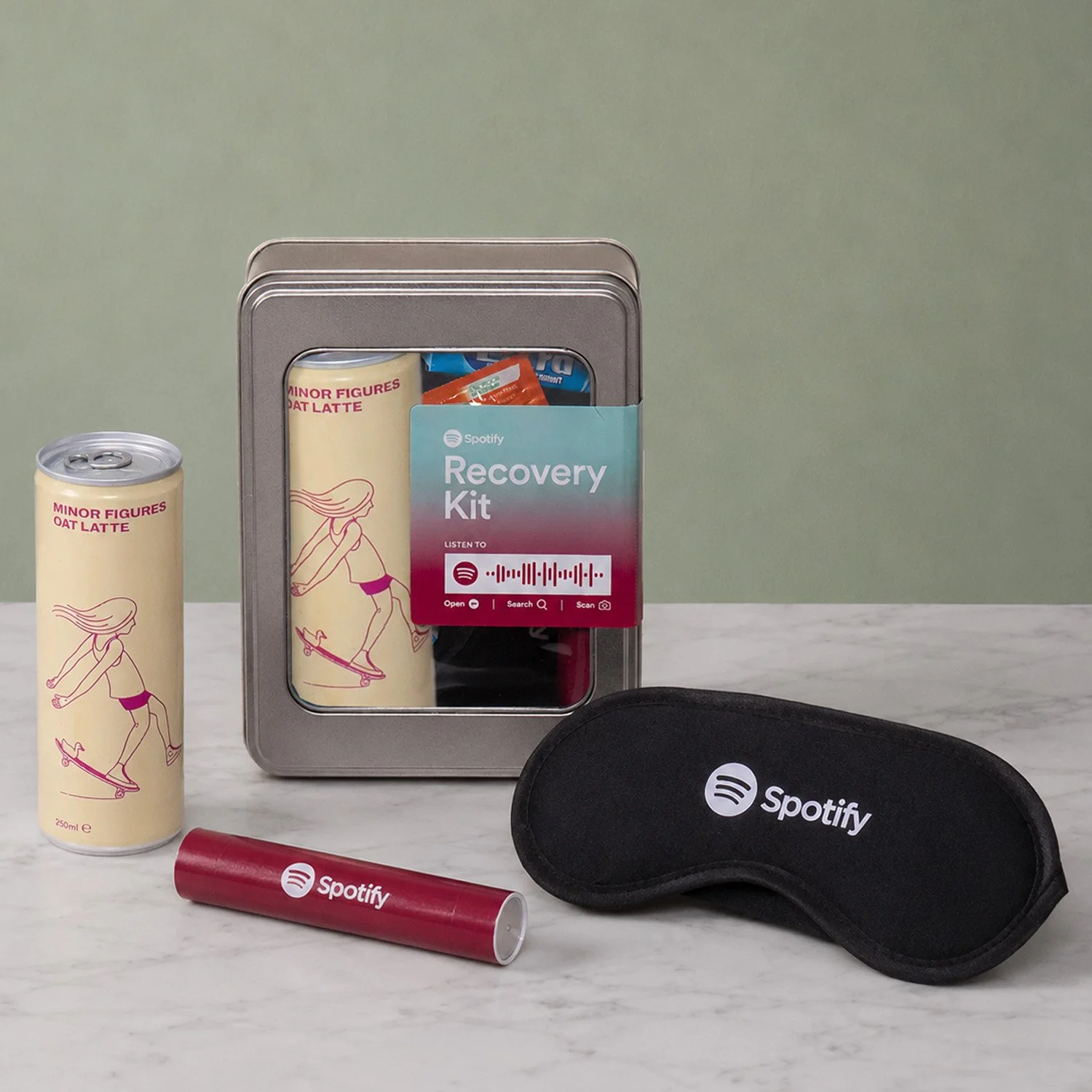 Branded Recovery Kit with Oat Latte, Branded Eye Mask, Gum, Berocca and Personalised Sweet Tube.