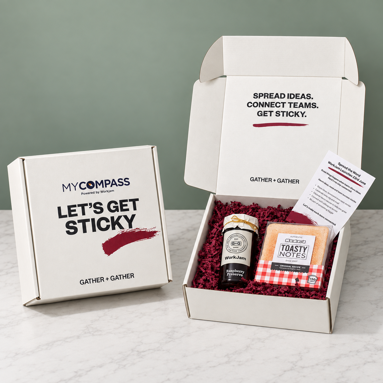 Branded gift box with personalised jam and  toast sticky notes.
