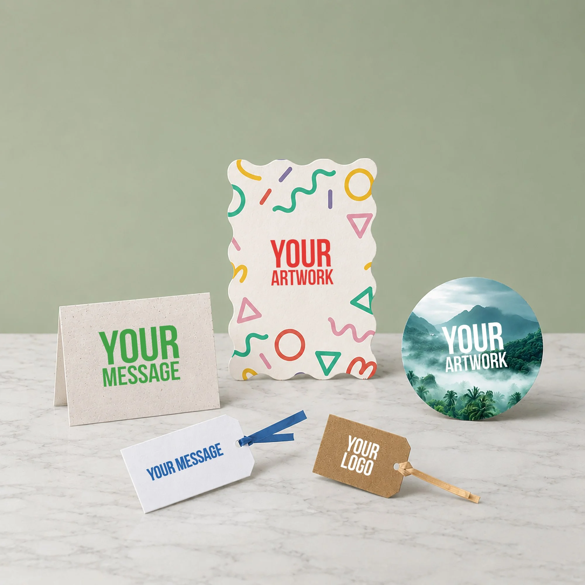 Personalised elements for corporate hampers including message cards, branded tags, stickers and custom printed inserts.