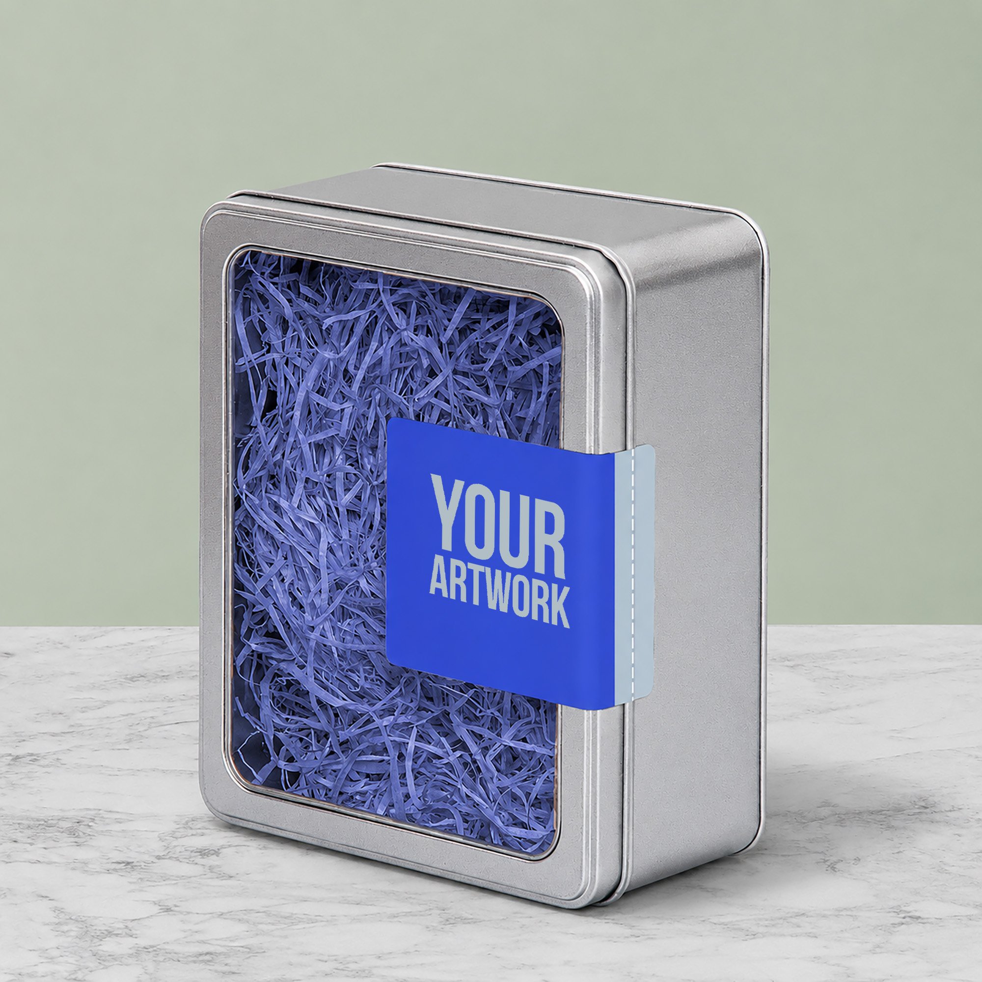 Reusable metal gift tin with branded sleeve and window lid for corporate hamper packaging