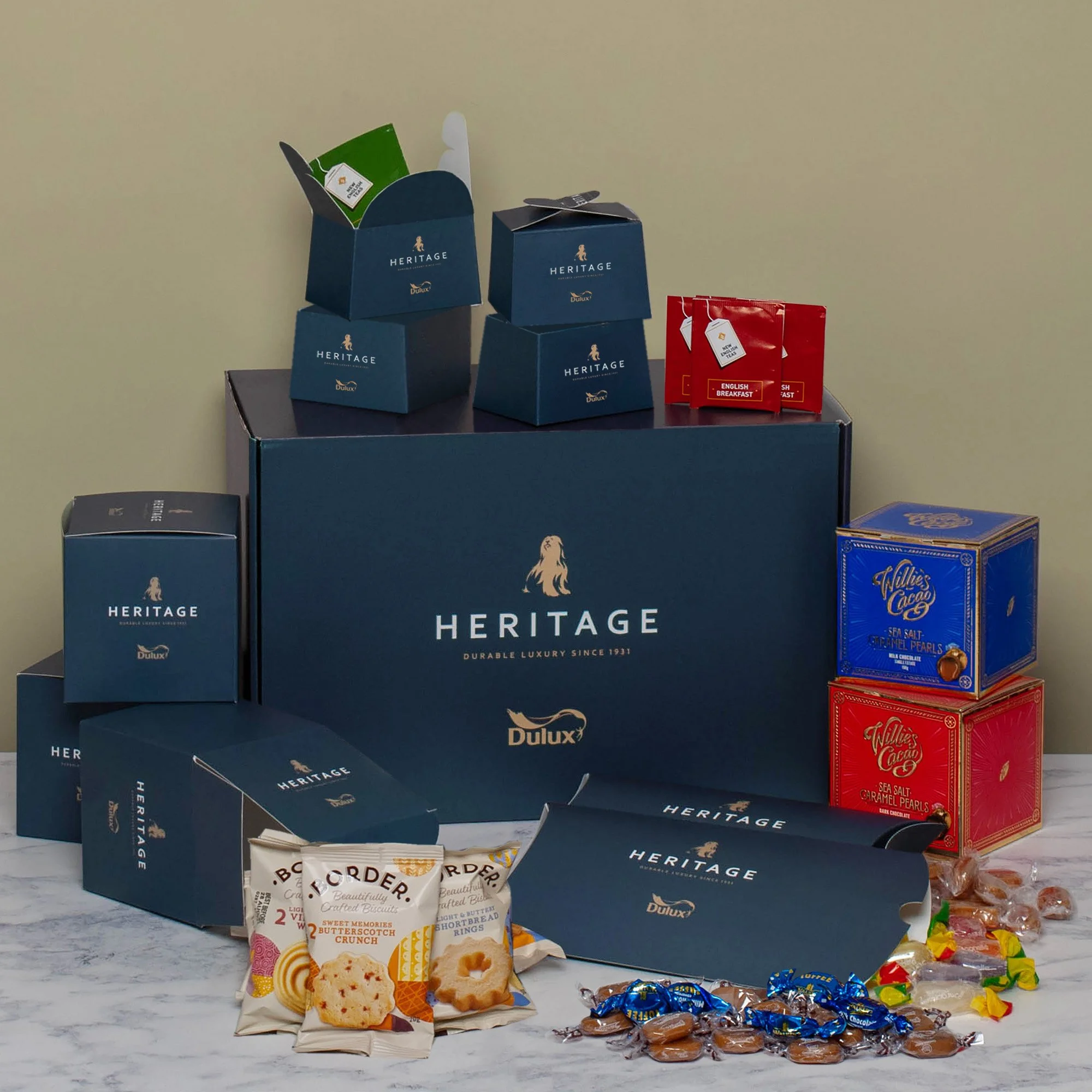 Promotional Full Colour Gift Box for Dulux Heritage  filled with Tea, Coffee, Biscuits & Sweets