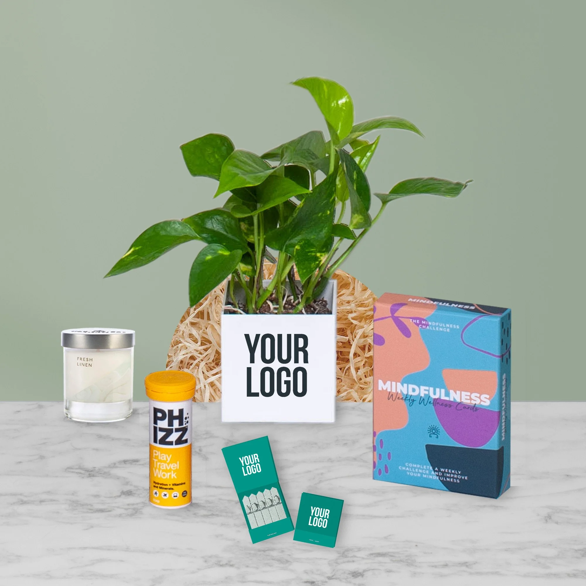 Wellbeing items for corporate hampers including a plant, scented candle, hydration tablets and mindfulness cards.