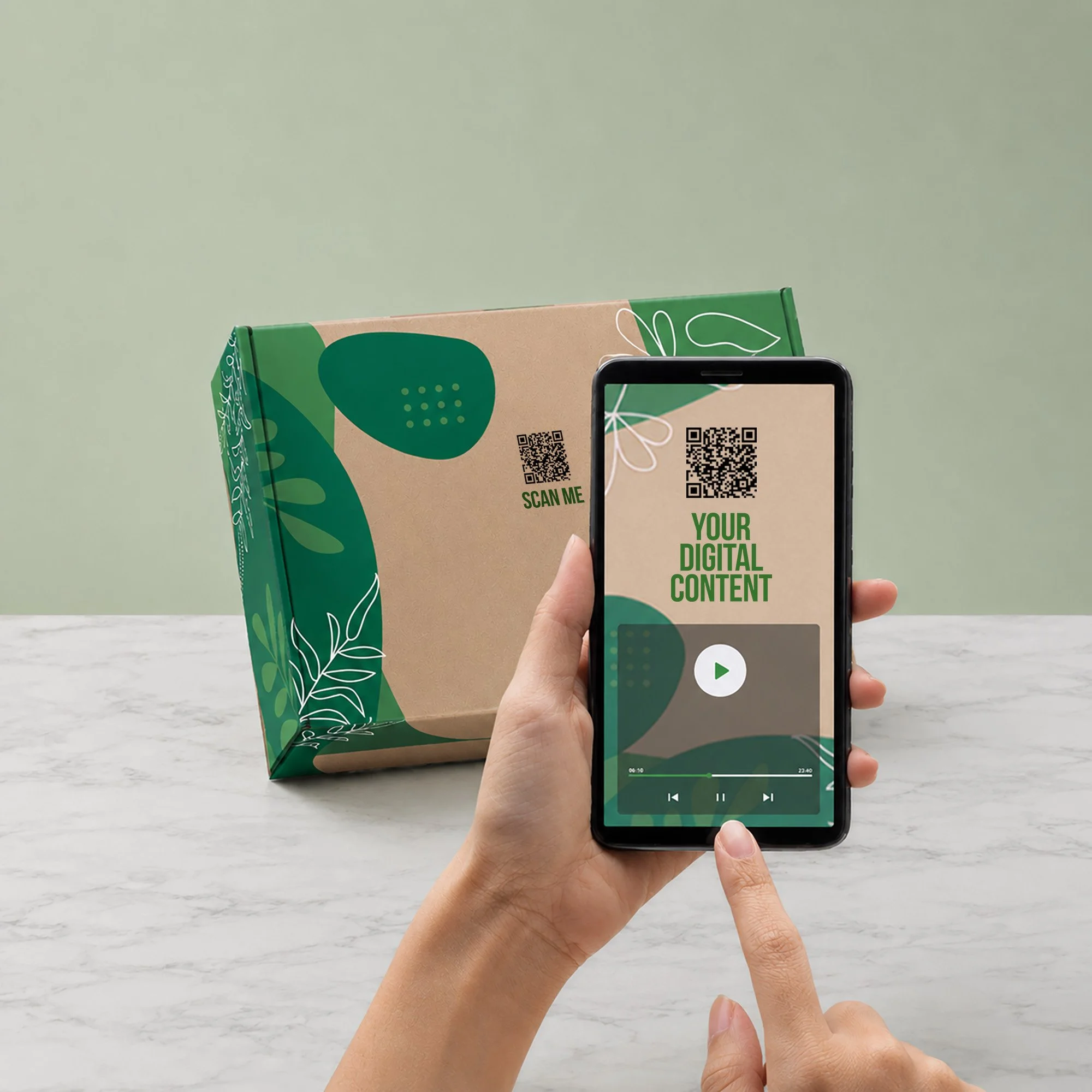 Smartphone scanning QR code on branded gift box to unlock personalised digital content or video messages.