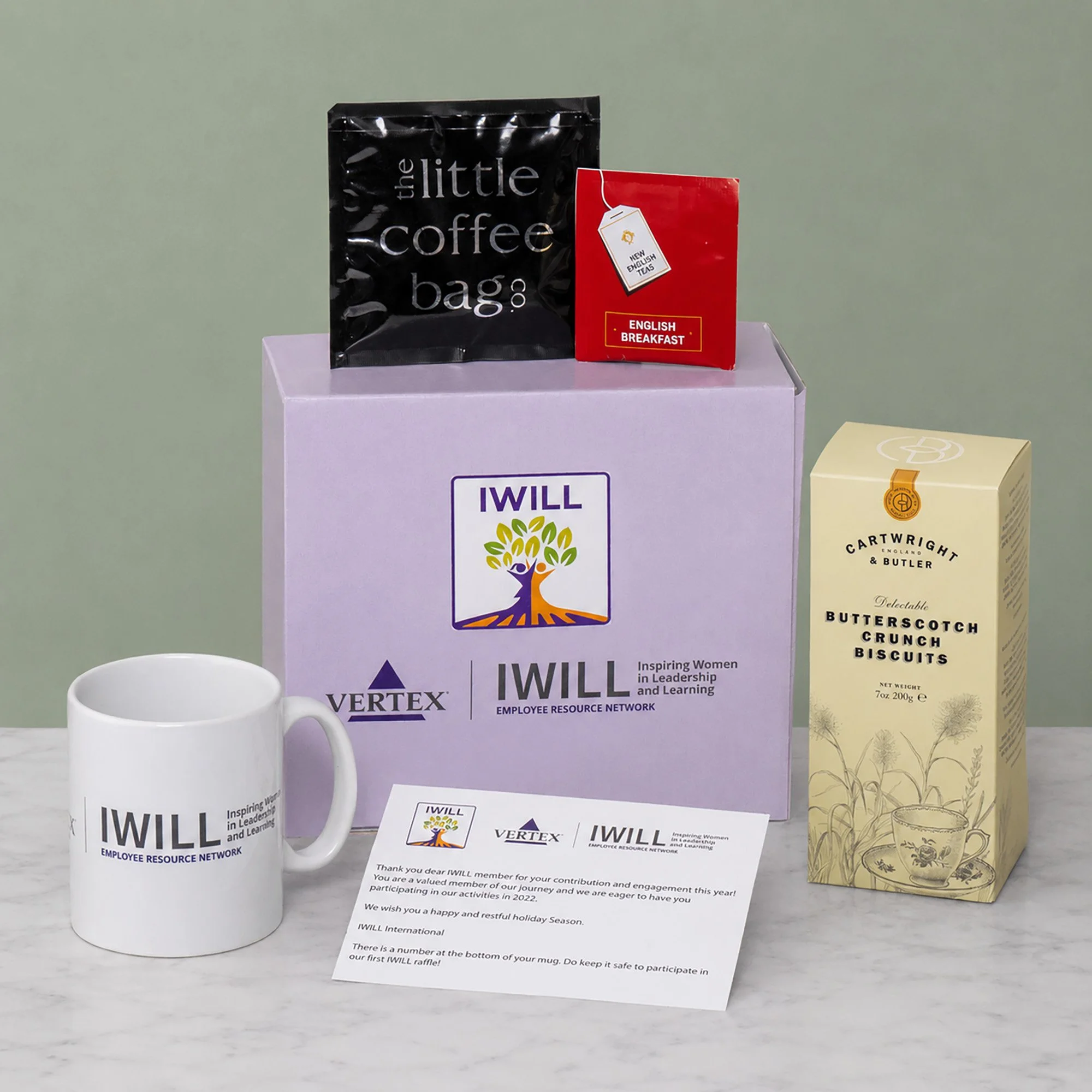 Branded Team Event Packs including Branded Mug, Tea, Coffee, Biscuits and Branded Card