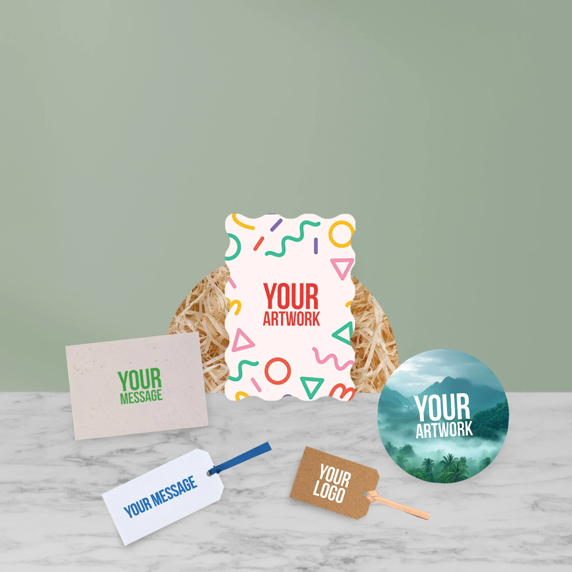 Personalised elements for corporate hampers including message cards, branded tags, stickers and custom printed inserts.