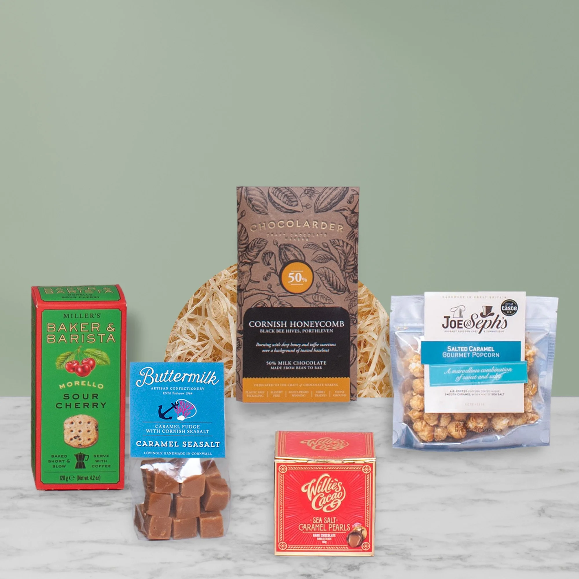 Sweet treats for corporate hampers including artisan chocolate, biscuits, fudge and gourmet popcorn.