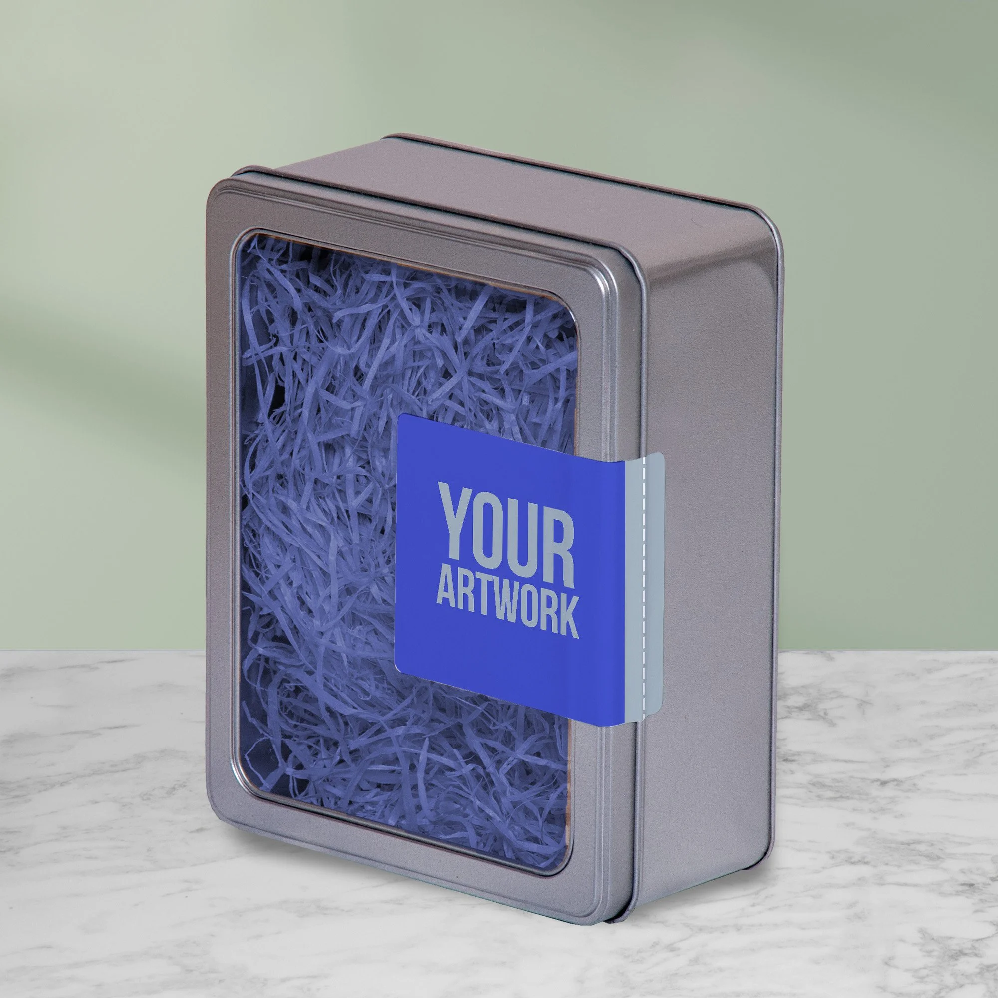 Reusable metal gift tin with branded sleeve and window lid for corporate hamper packaging