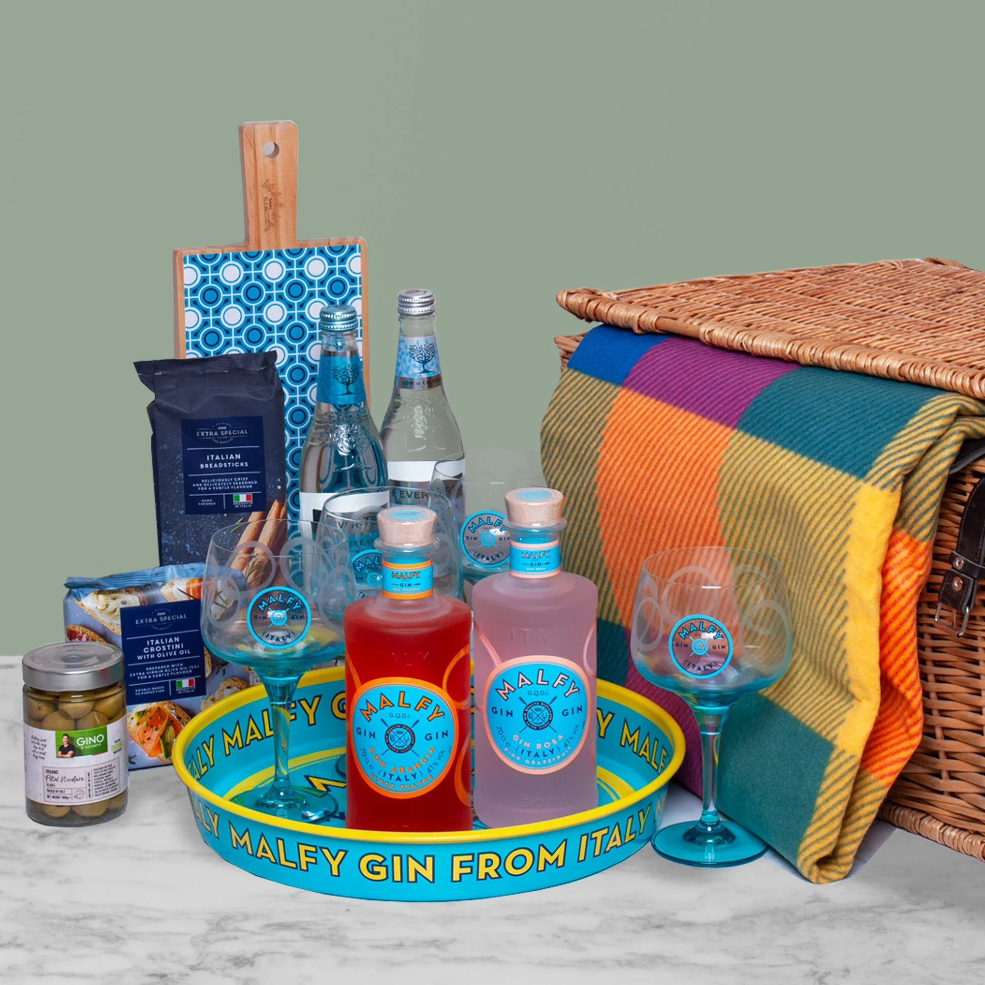 Branded Corporate Hamper with Malfy Gin, Tonic, Branded Glasses and Tray, Blankets, Snacks and Serving Board.