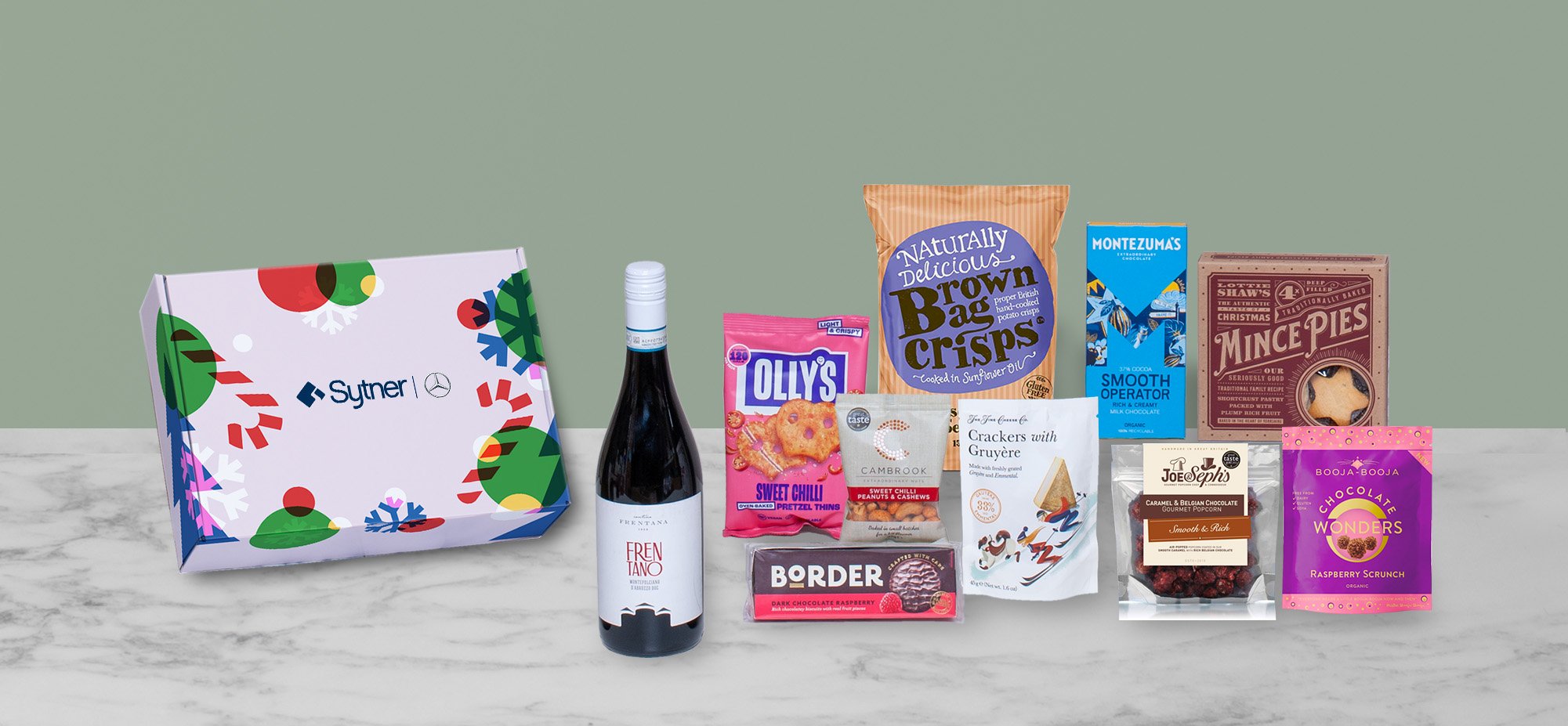 Branded Corporate Christmas Hamper for Sytner Mercedes-Benz with wine, sweet & savoury snacks and mince pies.
