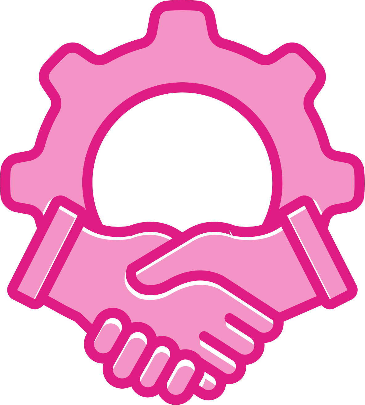 A pink gear icon being held by two pink hands forming a handshake.