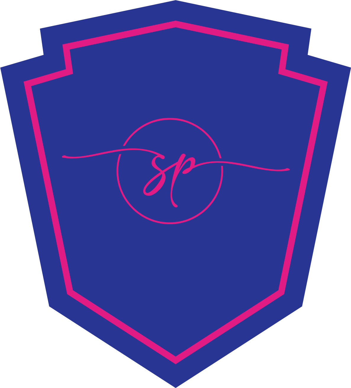 Neon sign with a shield shape, pink outline, dark blue background, and a pink circle in the center with the initials 'sp' in cursive.