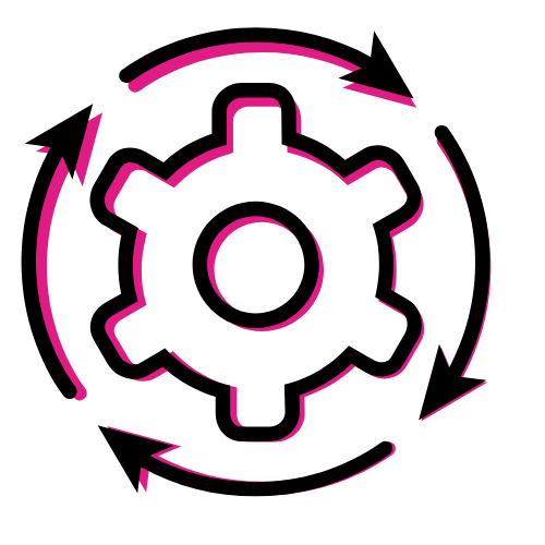 Pink gear graphic on a black background