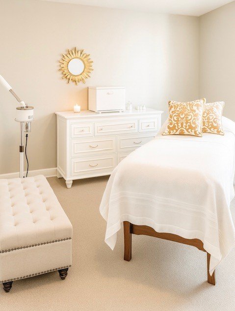 A bedroom with a white bed, decorative pillows, white dresser with a microwave and candles, a sunburst mirror, a small white upholstered bench, and a lamp, all in light pastel tones.