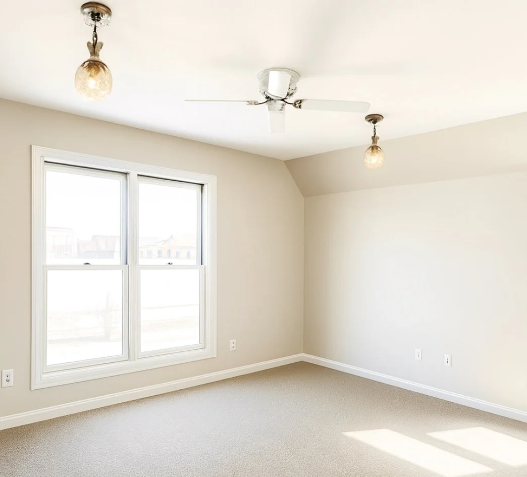 Empty room with beige carpet, beige walls, a large double window, ceiling fan, and two ceiling light fixtures.