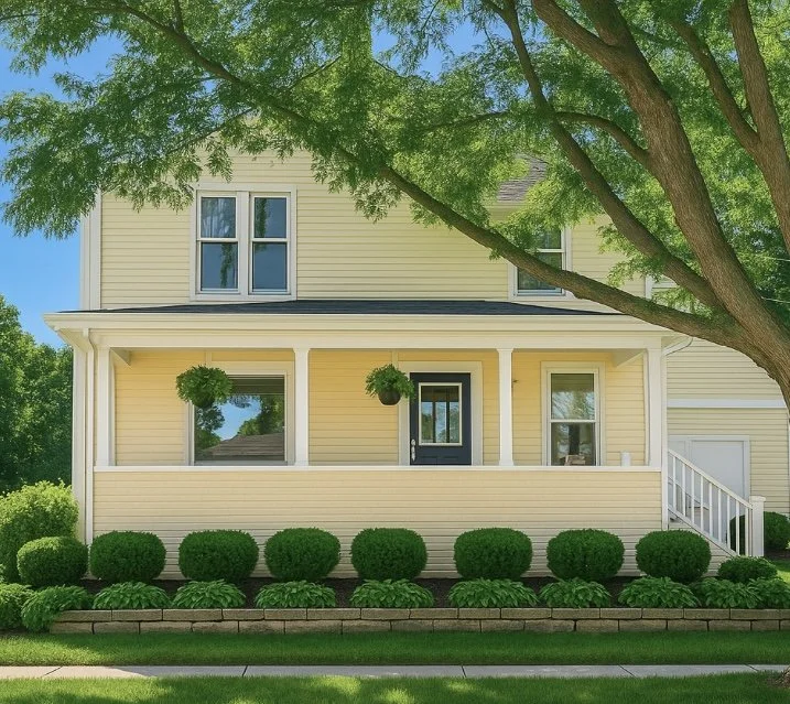 Yellow house with a front porch, black front door, and large tree with green leaves. Manicured bushes and hanging plants decorate the yard.
