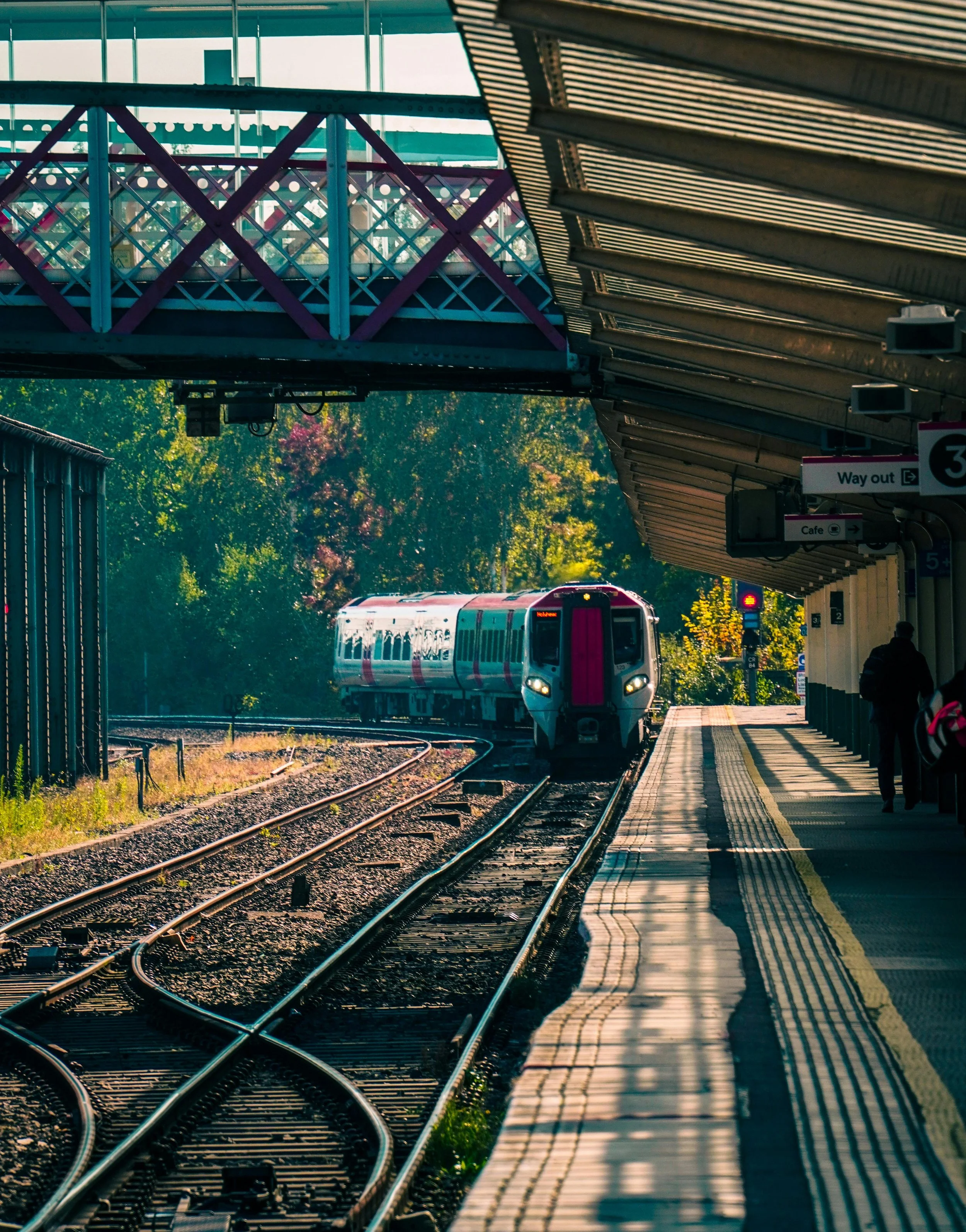 A train arriving at a station platform with a canopy overhead, with trees in the background and passengers waiting at the platform.