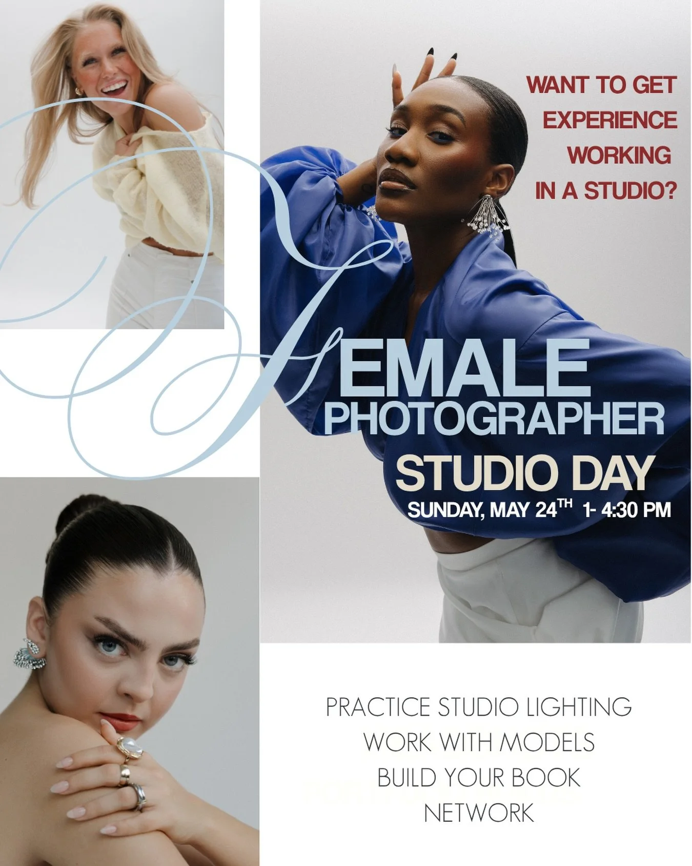 Newbie female photogs in NYC! This is for you!!
.
.
If you have wanted to work in a studio, but have no experience with lighting, and equipment&hellip; come to this STUDIO DAY
.
WHEN: Sunday May 24, 1-4:30 pm 
WHERE: an NYC studio 
WHAT: we&rsquo;ll 