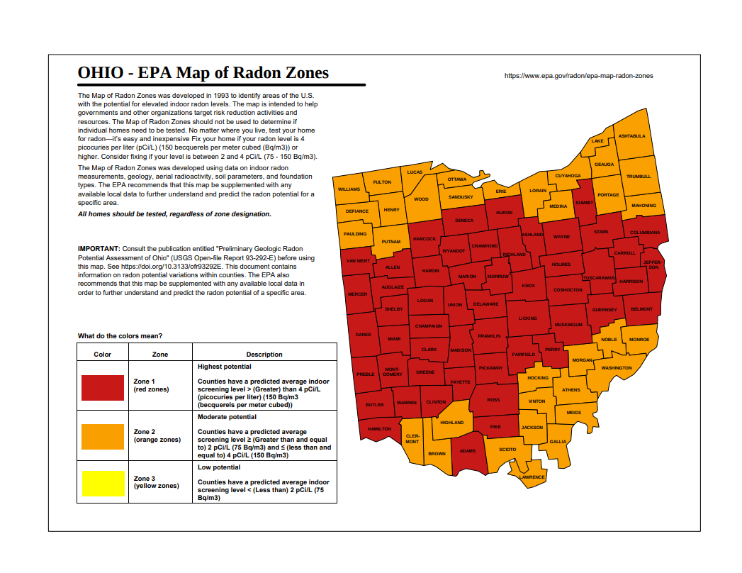 EPA Map of Ohio Radon Zones showing most of Ohio is Zone 1 with the highest radon potential.