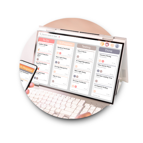 Computer and smartphone showing task management app with categories: To Do, In Progress, Testing, Done.