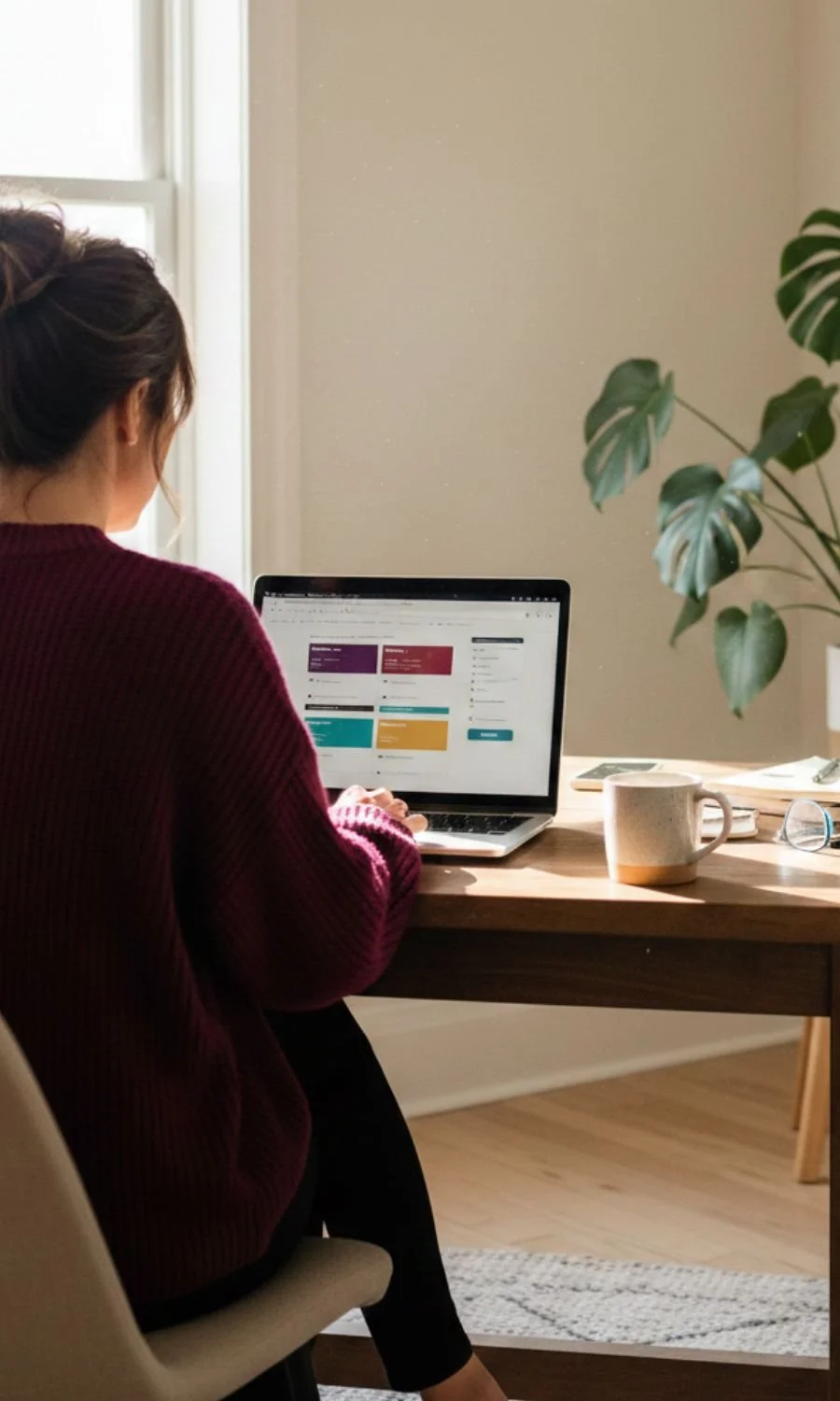 A woman with brown hair in a bun sitting at a wooden desk, working on a laptop with a bright screen, near a window with natural light, in a room with beige walls and a large green leafy plant.