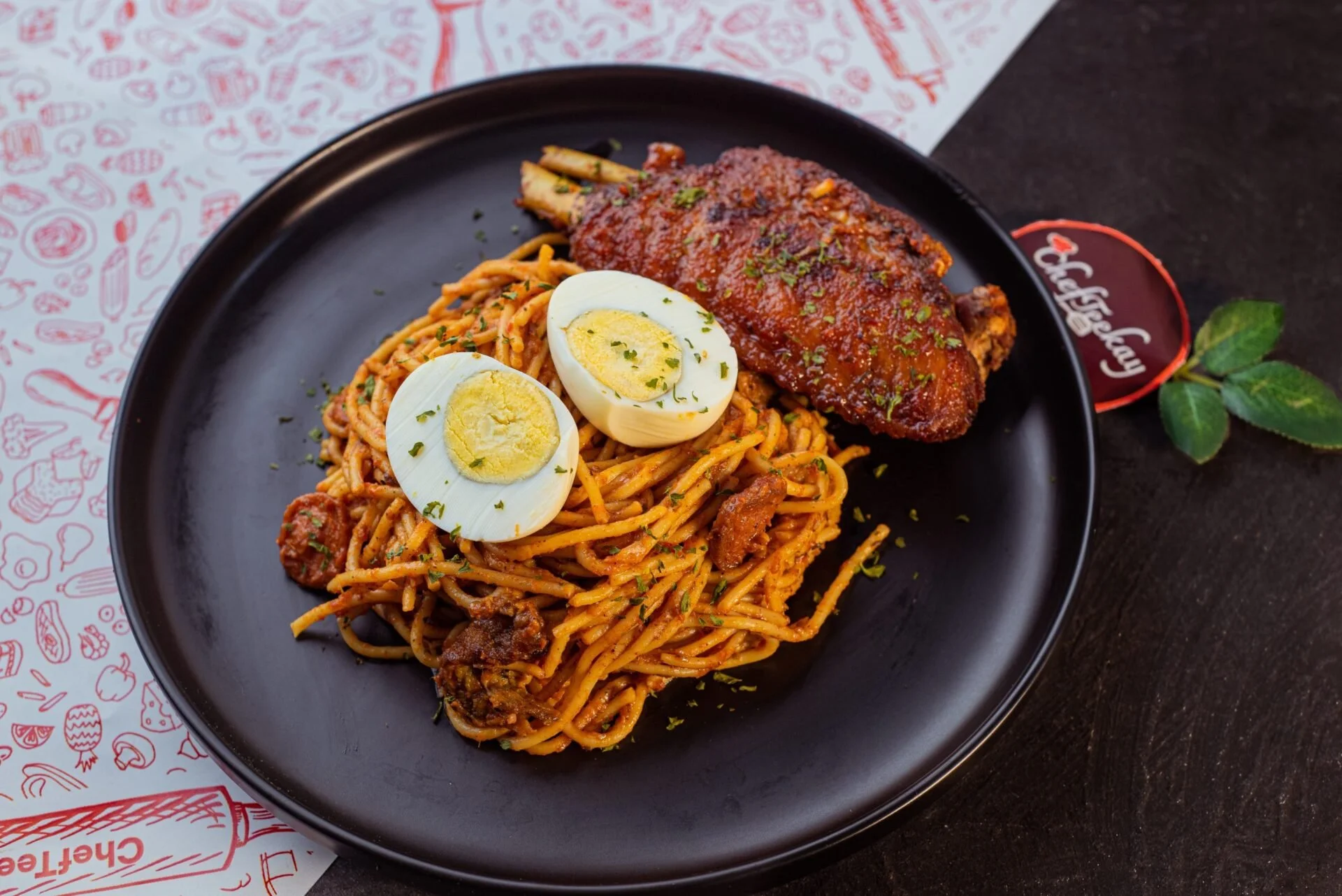 Jollof Spaghetti with Boiled Egg