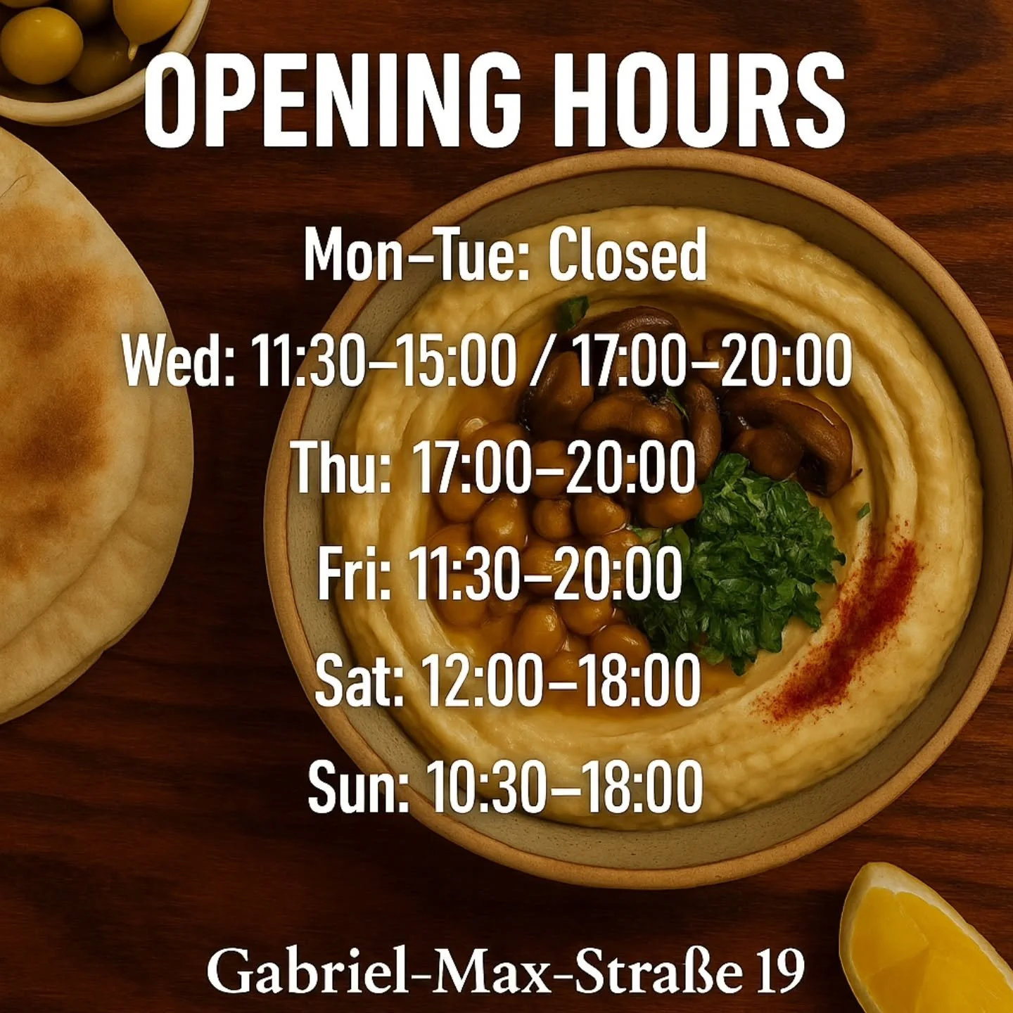 We&rsquo;re excited to welcome you all to Dr. Hummus Berlin!
Here are our opening hours for the week &mdash; come enjoy your favorite hummus, made fresh every day with love and good vibes 🧡

And of course, don&rsquo;t miss us this Saturday at the Bo