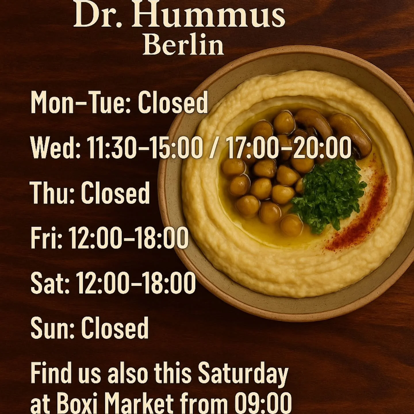 Hey hummus lovers! 🧡
We&rsquo;re still here serving you the best hummus in town &mdash; all the way until the end of this month!
This week we&rsquo;ll be open during the hours below 👇
Come by, grab a plate, and share some good vibes 🫶