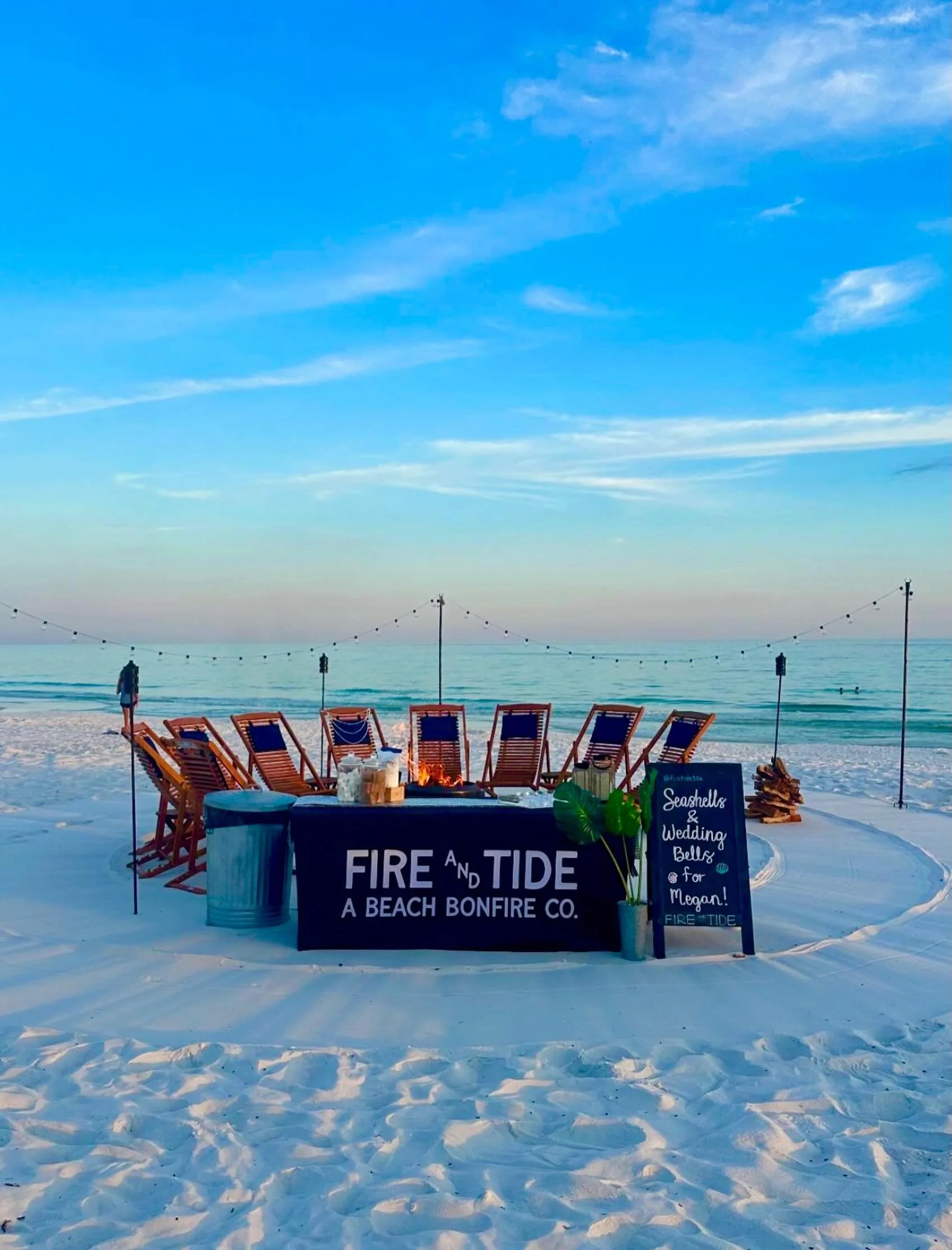 Our Bride &amp; Tide Bachelorette Beach Bonfire is the perfect set up for you and your girlies! Enjoy a professionally tended 2 hour Solo Stove beach bonfire over sunset, with seasoned wood and gooey roasting marshmallows, s&rsquo;mores kits, tiki to