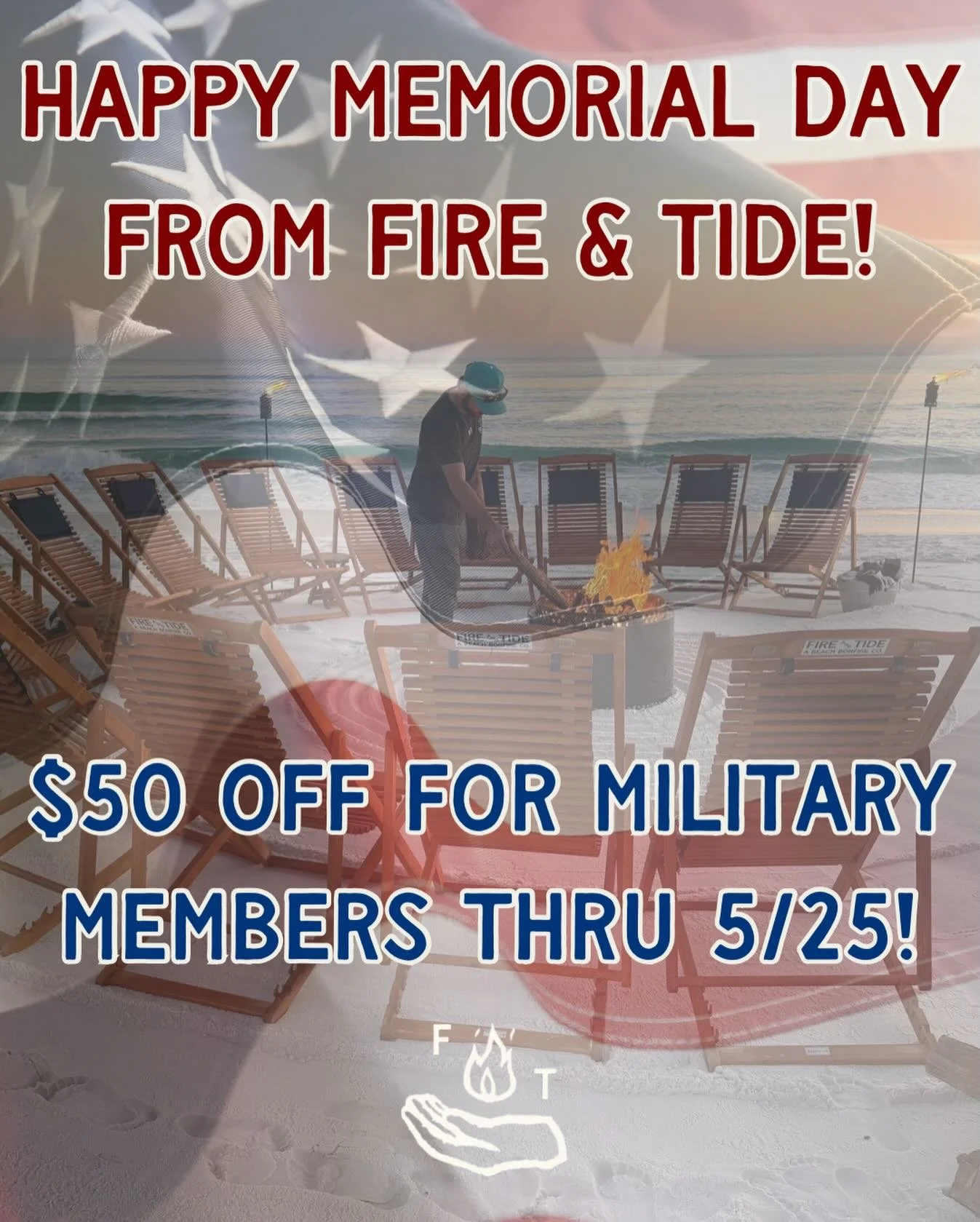 🇺🇸 Memorial Day Military Appreciation Discount 🌴🔥

To thank those who have served, we&rsquo;re offering $50 OFF beach bonfire packages for active duty, veterans, and retired military members.

Book now through 5/25/26 and enjoy your bonfire anyti