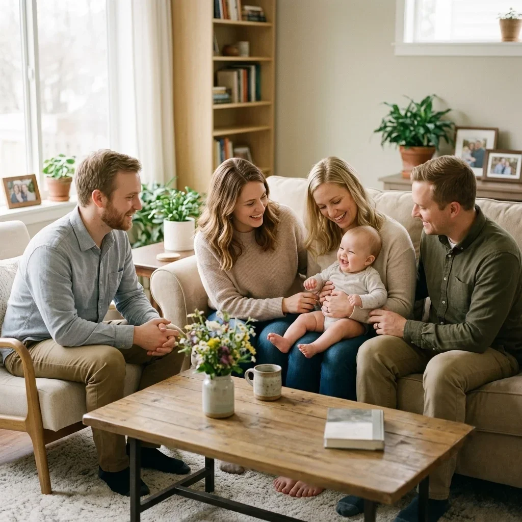A warm, bright setting showing a modern family living space, symbolizing the new beginning of an adoptive family in an urban environment