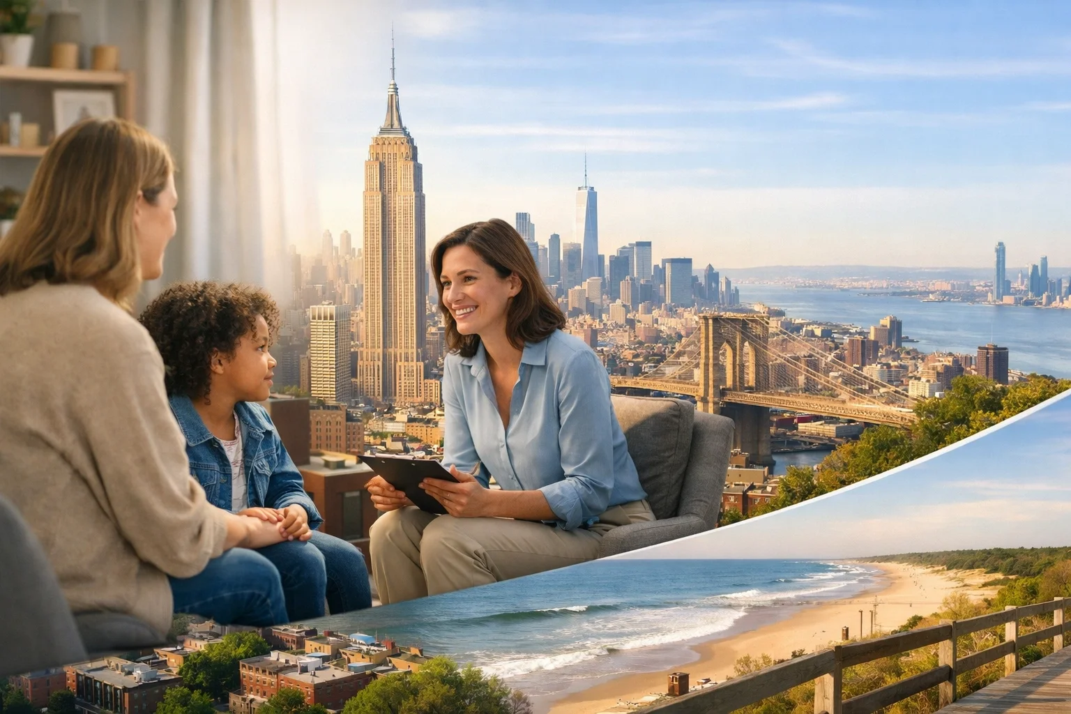 A supportive therapist sitting with a diverse family in a warm, NYC-style living room, symbolizing professional adoption support