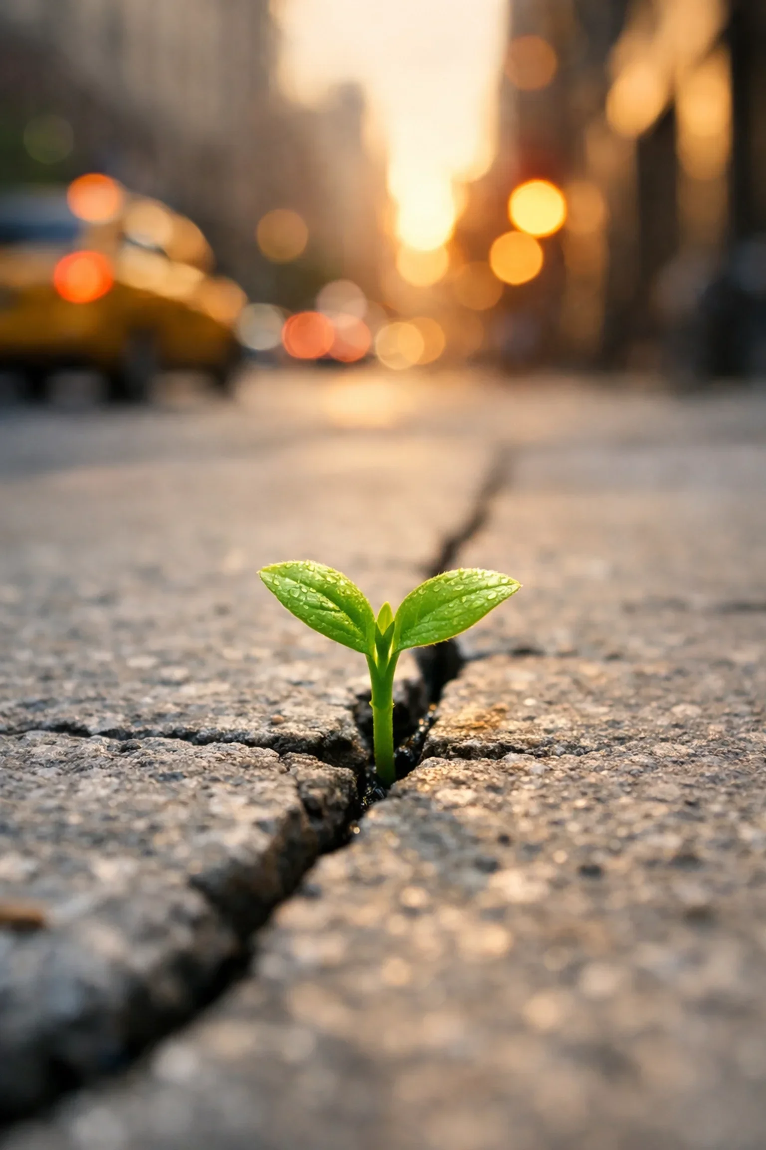 A close-up of a small plant growing through a crack in a concrete sidewalk, symbolizing the strength and resilience of children