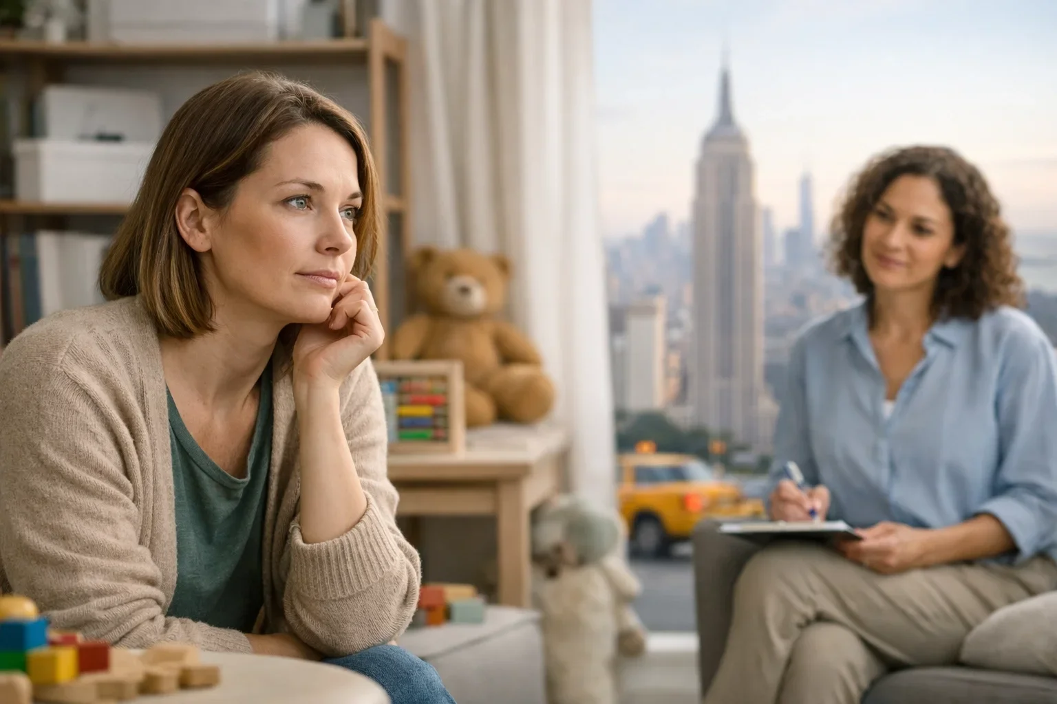 A thoughtful adult looking out a window at a busy New York City street, reflecting on their past and present identity