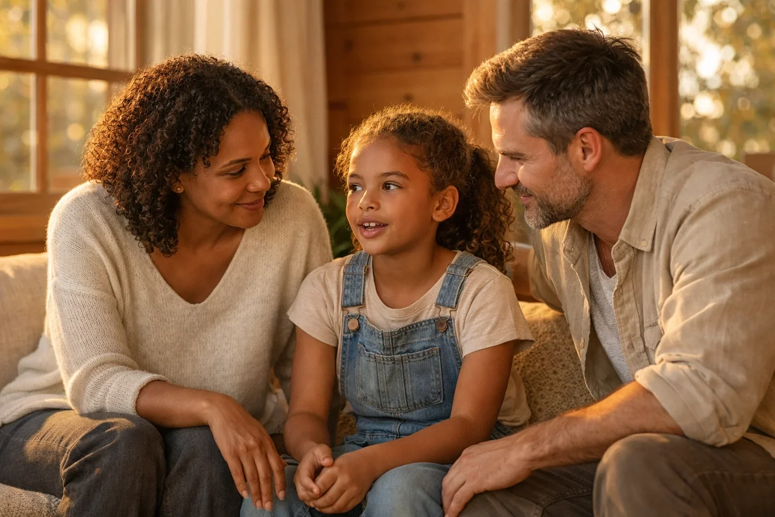 A mother and father in NYC, sitting together with their child in a cozy White Plains home, illustrating the support provided by an adoption-competent therapist to help families build a secure attachment.