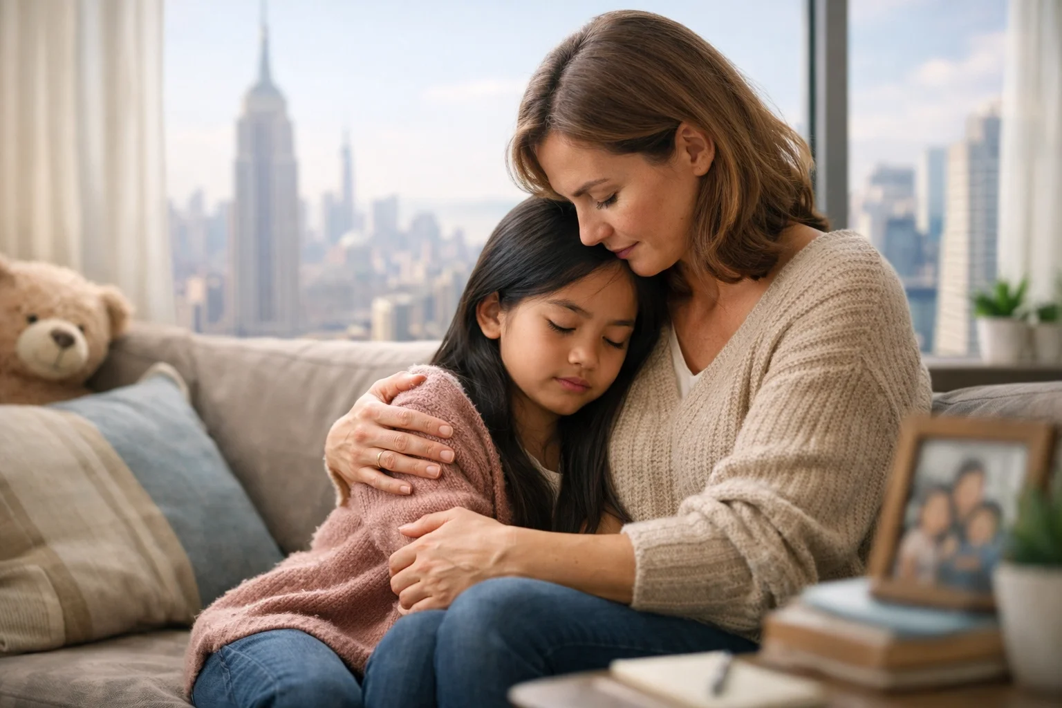 A supportive NYC mother and child talking about adoption identity with the New York City skyline in the background