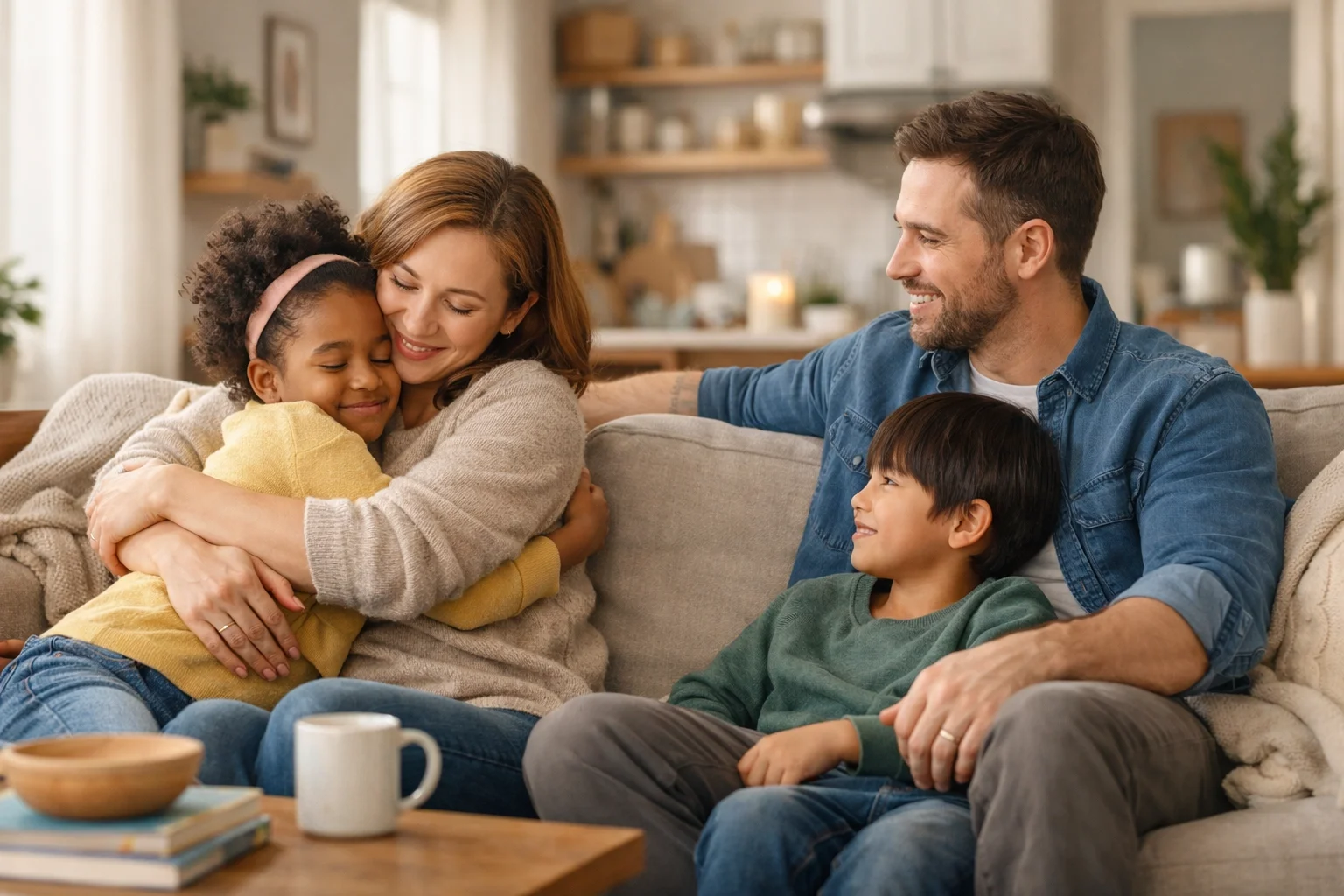 A mother and child in NYC bonding at home, representing secure attachment in adoption