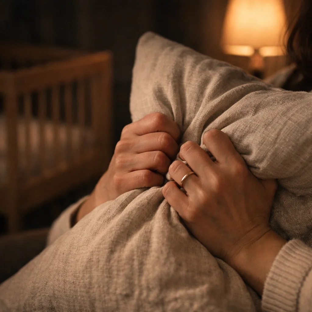 A close-up of a mother's clenched hands, representing the physical tension of postpartum rage symptoms in NYC