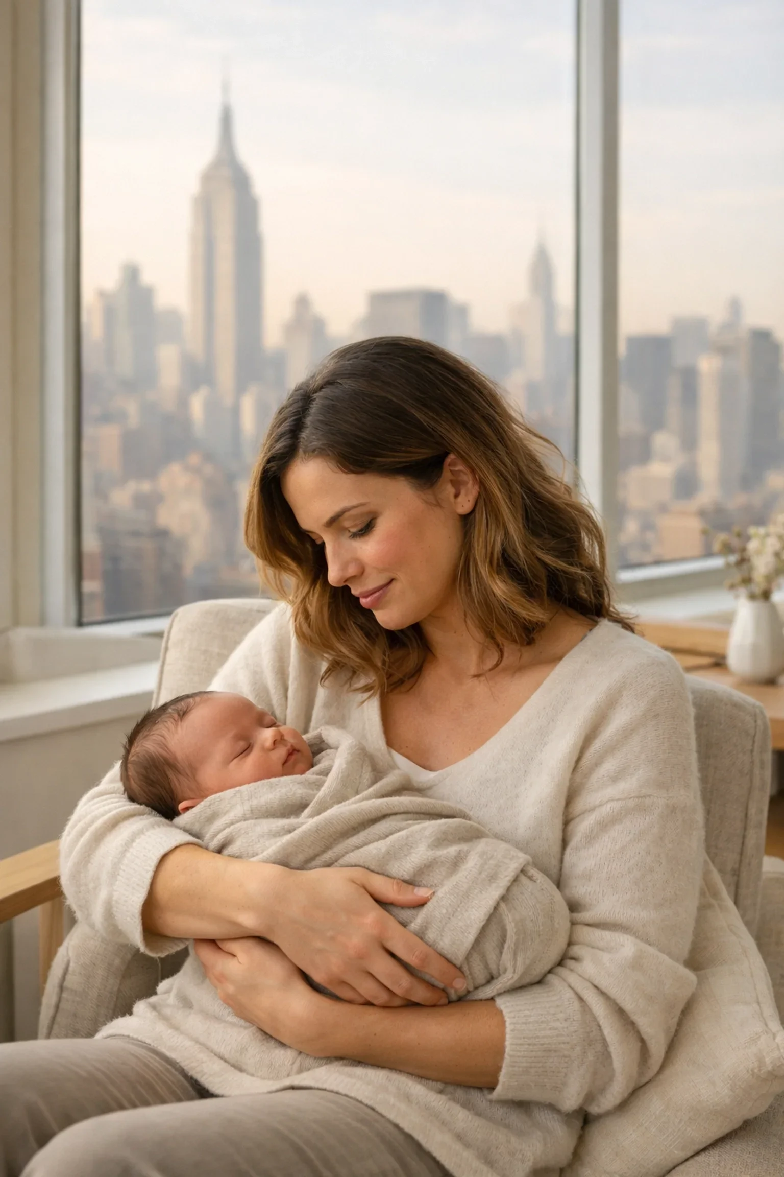 A high-achieving NYC mother looking at her newborn while sitting near a window with city views, illustrating the complex emotions of infant adoption
