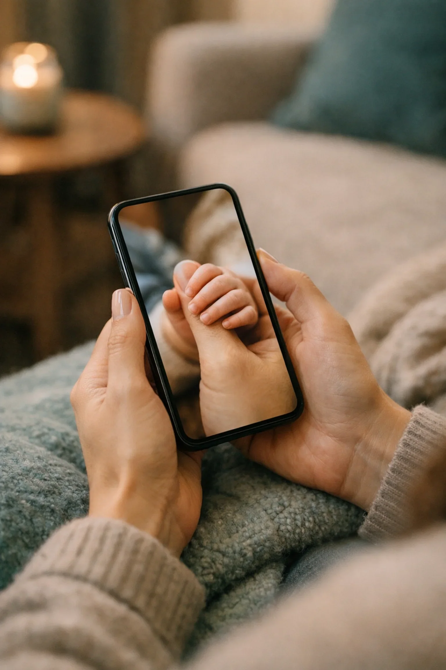 A woman’s hands holding a smartphone displaying a photo of a baby, symbolizing the digital communication involved in modern open adoption