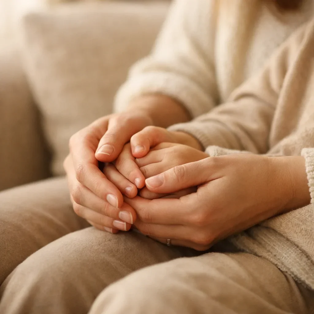 A close-up of a parent and child holding hands, illustrating the secure attachment and emotional bond prioritized by an adoption therapist in NYC.