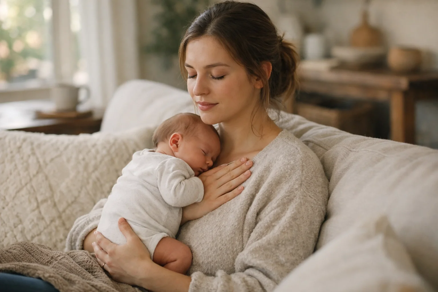 A mother practicing grounding techniques to manage postpartum therapy in NYC