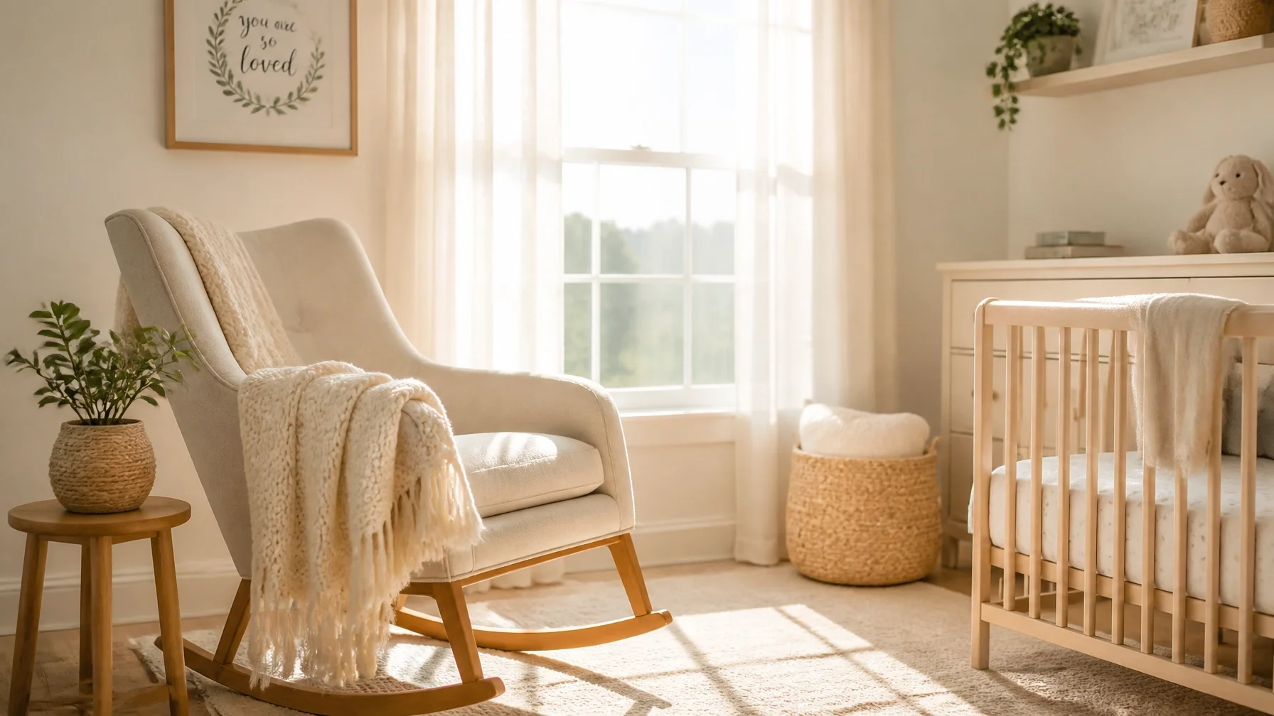 A serene sun-drenched nursery with a soft neutral color palette and a rocking chair, representing a calm environment for postpartum recovery