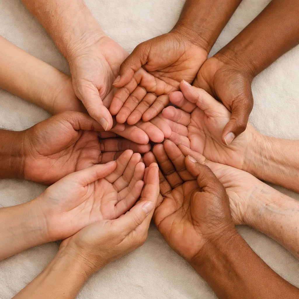 A diverse group of hands joined in a circle, representing the community and specialized support available through adoption-competent therapy in NYC.