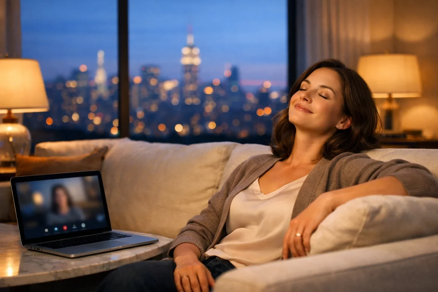 A relaxed woman in her NYC apartment experiencing the benefits of virtual adoption therapy and hypnosis