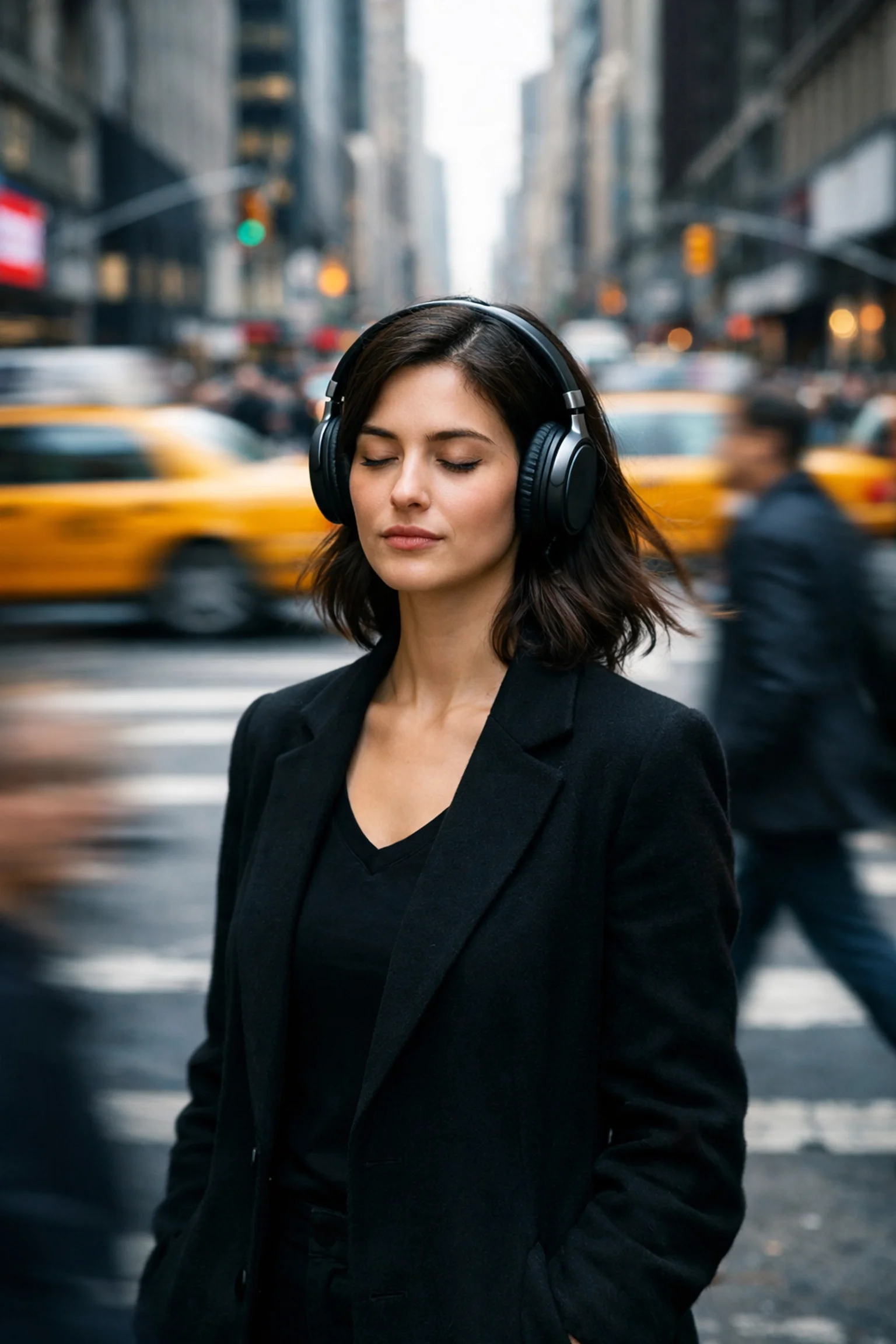 An autistic woman wearing noise-canceling headphones to manage sensory overload on a busy NYC street